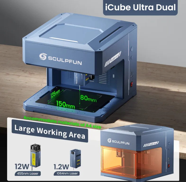 Laser Grabado Y Corte Sculpfun Icube Dual 12w + 1.2w infrarrojo