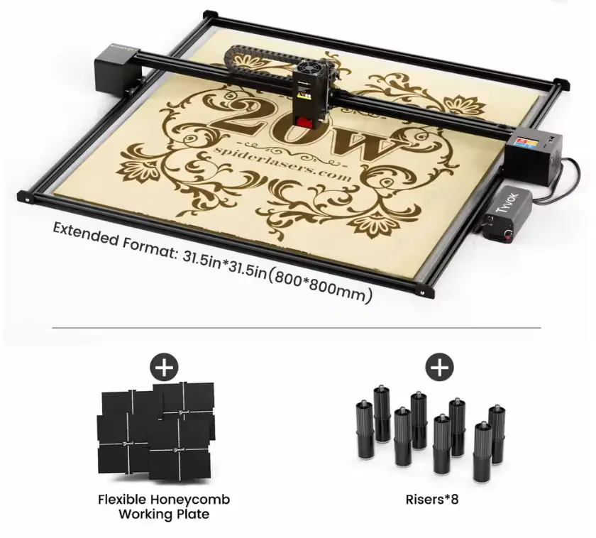 Cnc Corte Laser Tyvok Spider X1S 20W 800*800mm + Asistente de Aire(50L) + Panal de abejas + Pies de altura